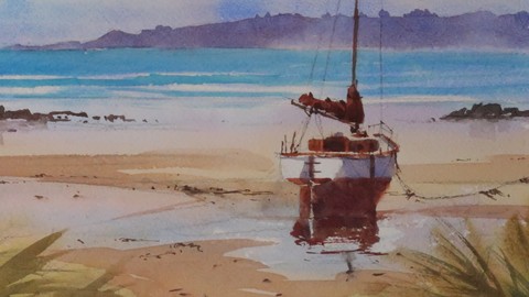 Loose Watercolor Painting "Sailing Boat Low Tide"