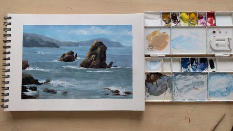 Seascape Painting In Opaque Watercolors