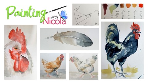 RELAX paint FUN watercolor CHICKENS.  Shape, pose & colors.