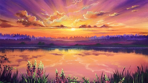 Acrylic lesson - Lake sunset with rays of sun - Landscape