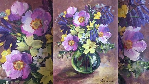 Acrylic lesson - Wild roses in glass vase - Flower bouquet