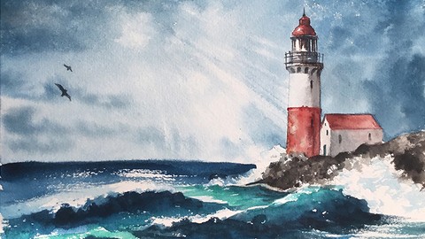 Watercolor lesson - Lighthouse by the sea - Landscape