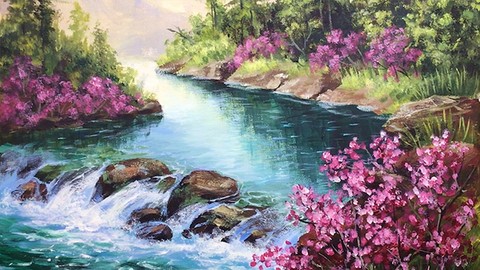 Acrylic lesson - Waterfall and blooming - Landscape