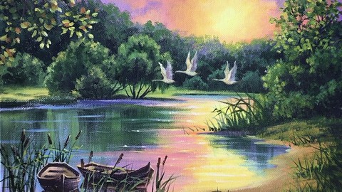 Acrylic lesson - Swan Lake - Landscape