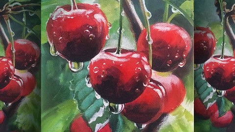 Acrylic lesson - Water Drops on Cherry - Fruit painting