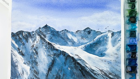 Paint snowy mountains with watercolour: easy, full guidance
