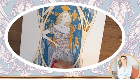 Illustration Fashion Design with Art Nouveau -Flower drawing