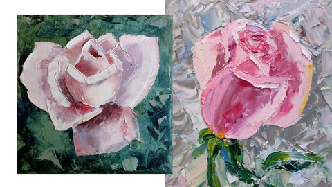 Two roses. Palette knife. Oil painting for beginners