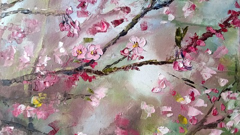 Живопись маслом. Пишем ветку цветущей сакуры мастихином.