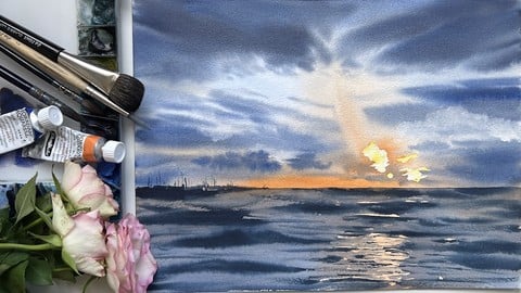 The sunset above the sea: painting with watercolor