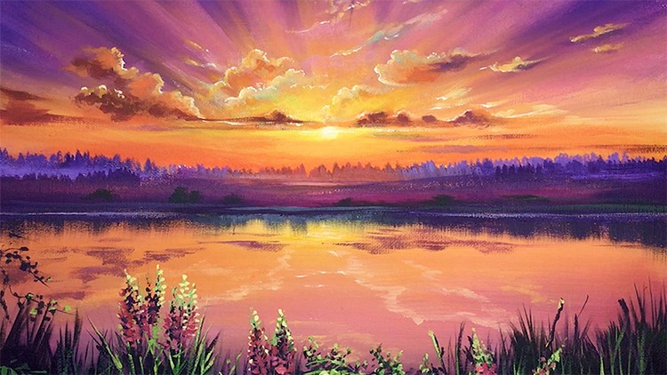 Acrylic lesson - Lake sunset with rays of sun - Landscape