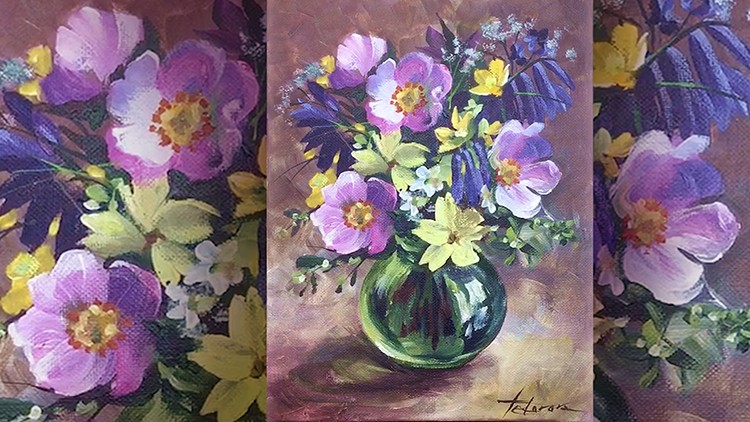 Acrylic lesson - Wild roses in glass vase - Flower bouquet