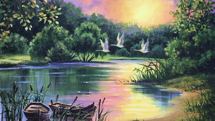 Acrylic lesson - Swan Lake - Landscape