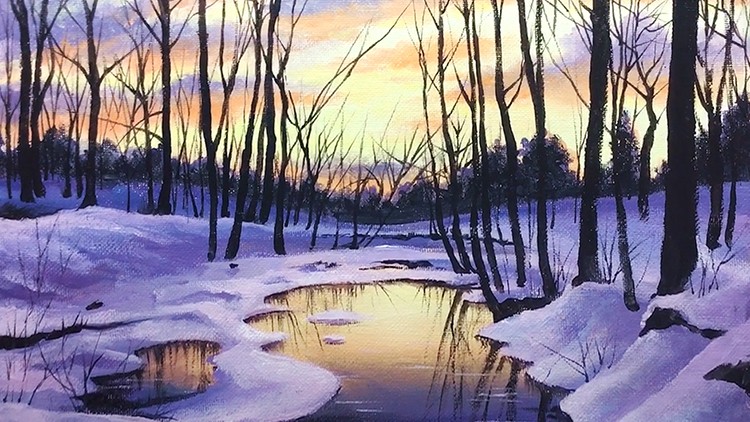 Acrylic lesson - Winter evening - Landscape