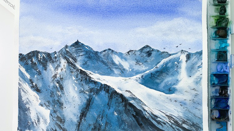 Paint snowy mountains with watercolour: easy, full guidance