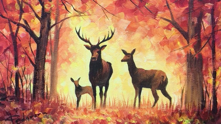 Acrylic lesson - Deer family in the Fall forest - Landscape