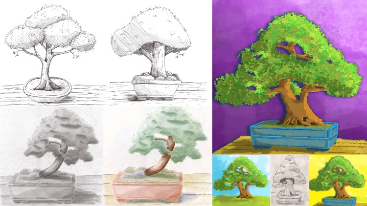 Drawing, Shading and Coloring Bonsai Trees in Procreate