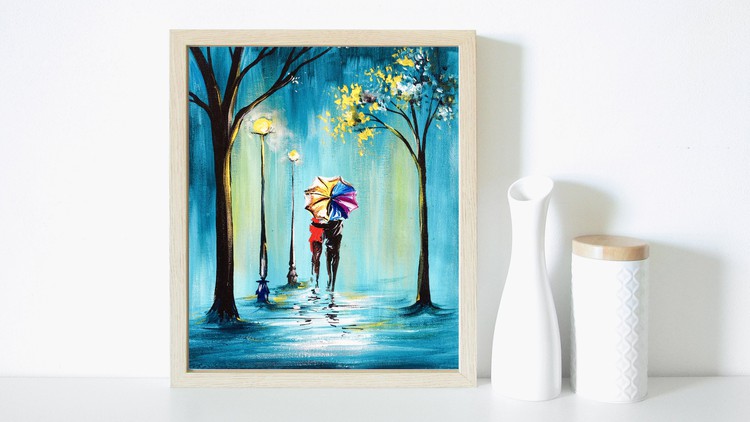 Romantic Couple in Monsoon Landscape - Acrylic Painting