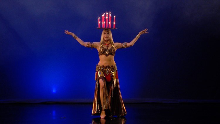 "Fire Goddess" belly dance candle tray balancing with Neon