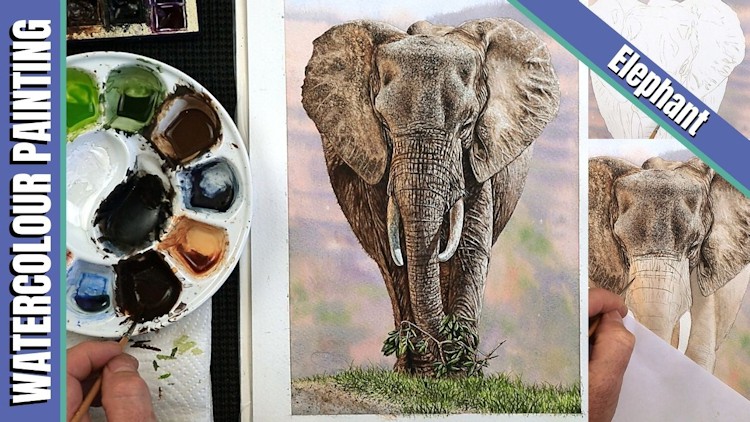 Watercolor Painting Lesson - Realistic Elephant in Detail