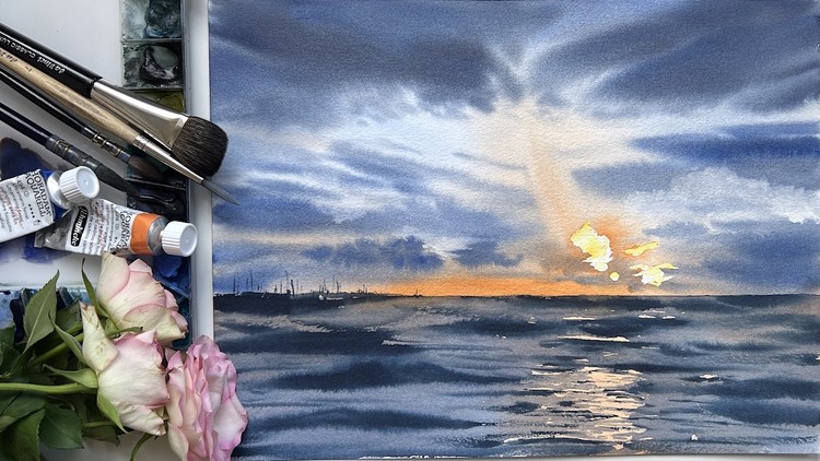 The sunset above the sea: painting with watercolor